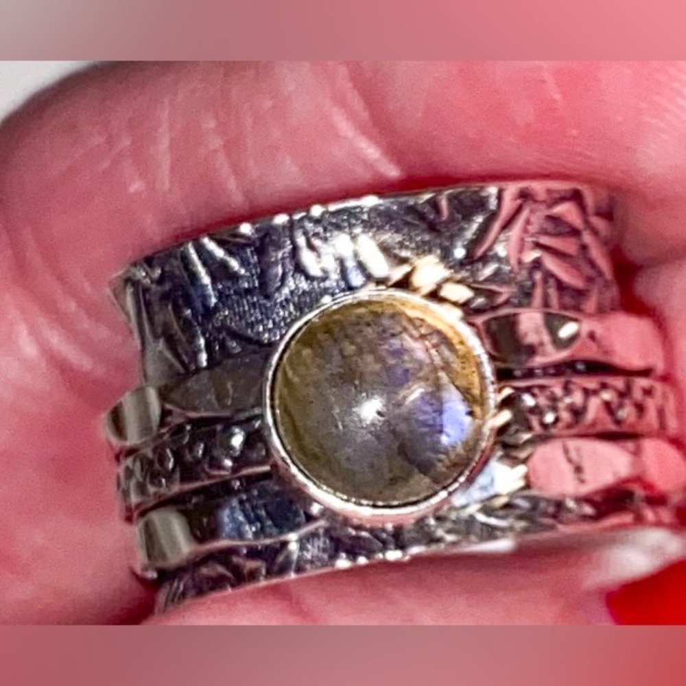Handmade Natural Labradorite Stone Spinner Ring .925 Stamp Size: 5.5 - Picture 3 of 5